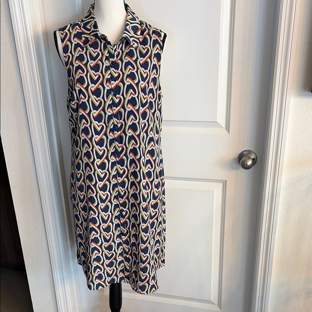 CAbi Sleeveless Navy Heart-Print Armour Shift Dress